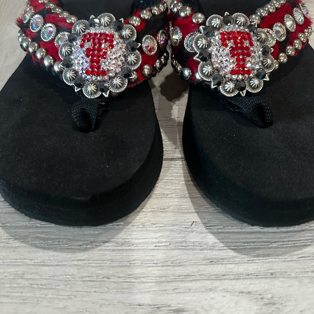 Beaded Red and Silver Embellished Black Flip Flop Sandals